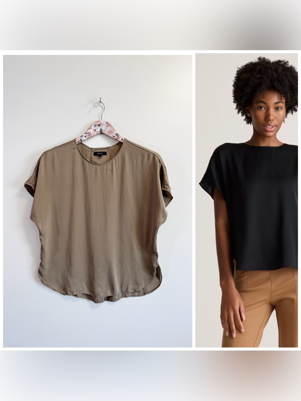 QUINCE Washable Stretch Silk Split Hem Tee Blouse Dogwood Brown Tan S Small